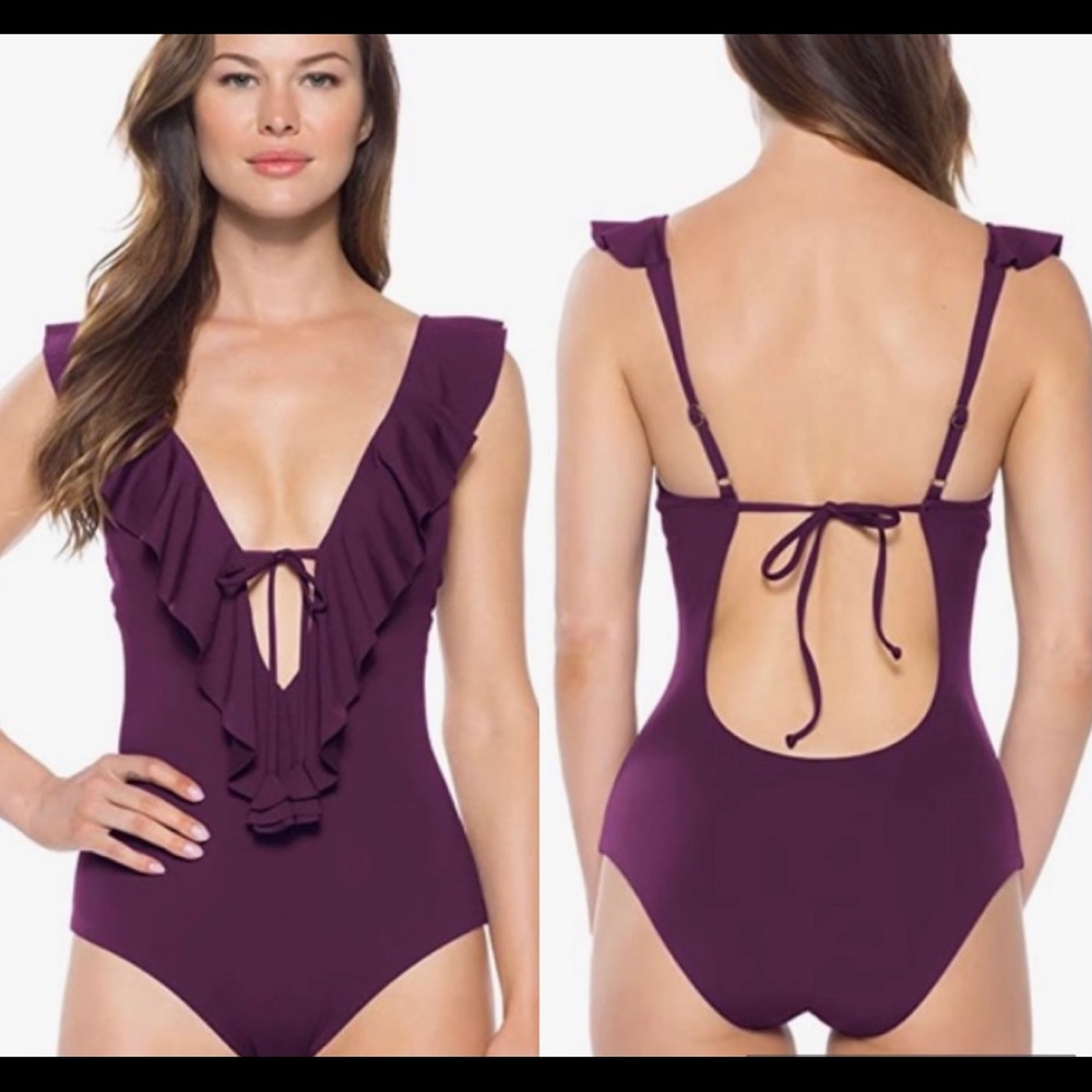 Becca Socialite Ruffle Monokini Swimsuit One Piece Purple